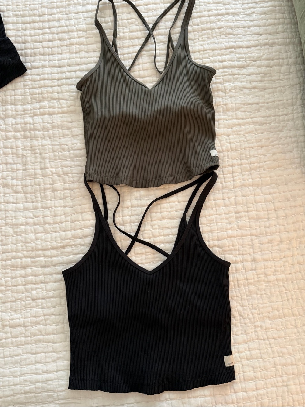 Vuori Ribbed Cross-Back Camisoles — Black and Olive